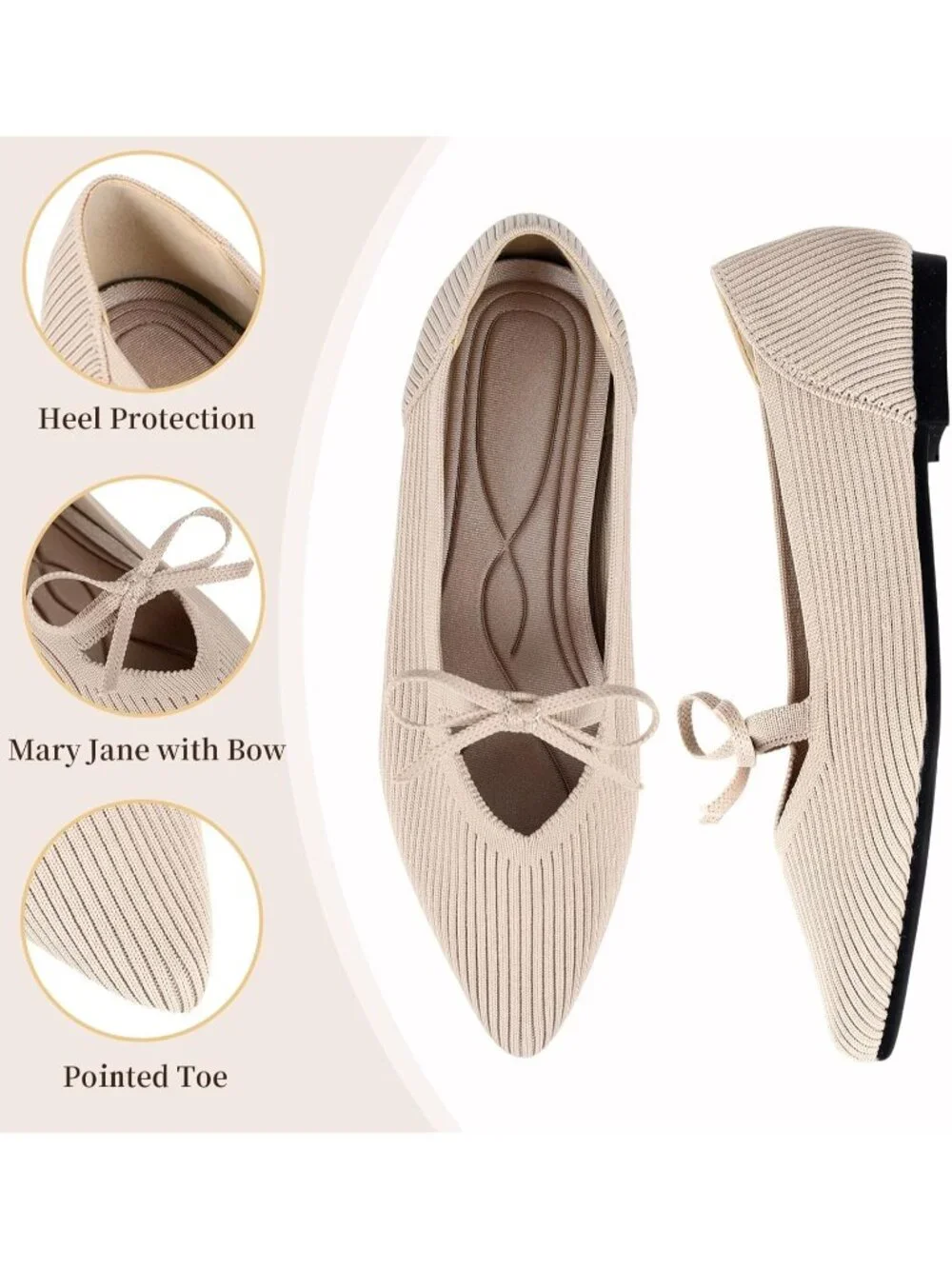 Women's Beige Pointed Toe Knit Ballet Flats Comfortable Pull On Casual Shoes